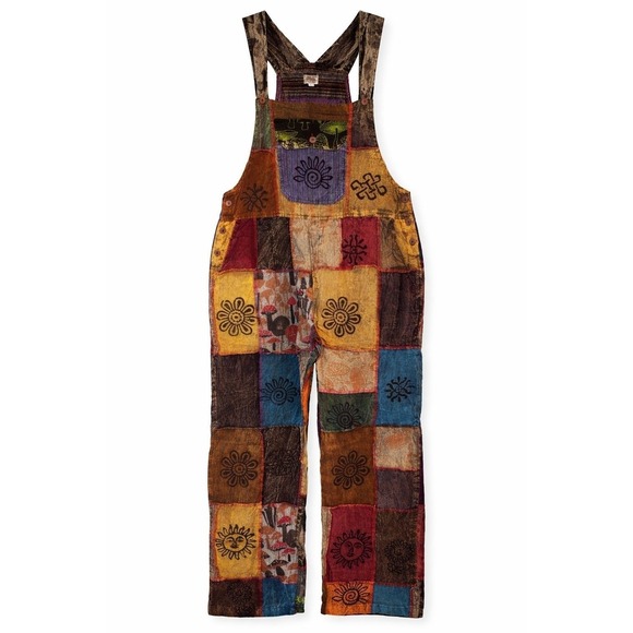 Sweaters - Rhea Patchwork Overalls Womens Boho Corduroy Sun Mushroom Print Multi Color